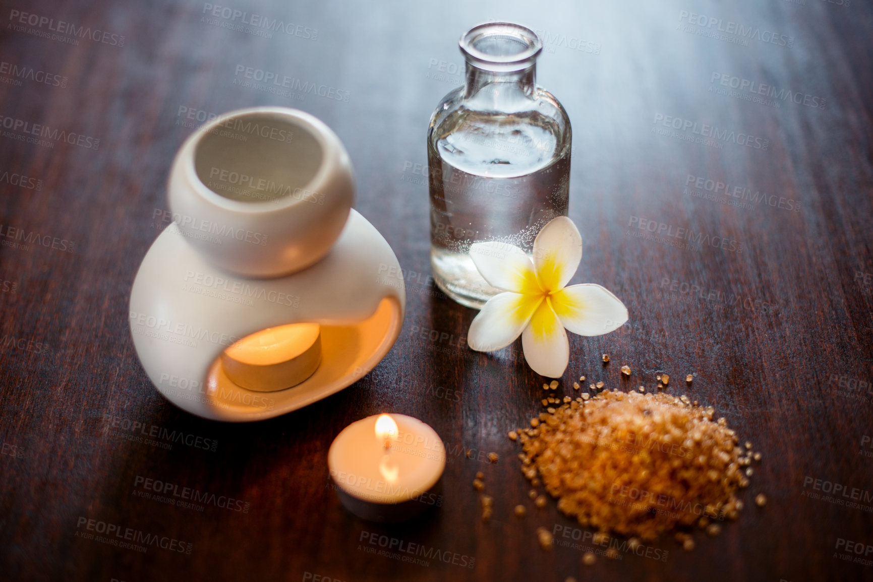 Buy stock photo Holistic, health and aromatherapy candle on table with balance, peace and natural flower fragrance. Spa, hospitality service and powder with essential oil for self care at luxury wellness salon