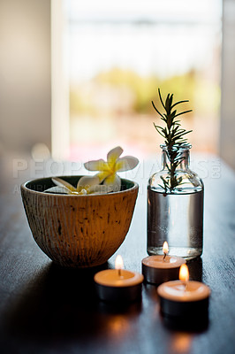 Buy stock photo Flowers, rosemary and water in spa for beauty, wellness and health treatment. Salon aesthetic, essential oils and jar with herbs for cosmetics, aromatherapy and detox remedy for zen, calm and peace
