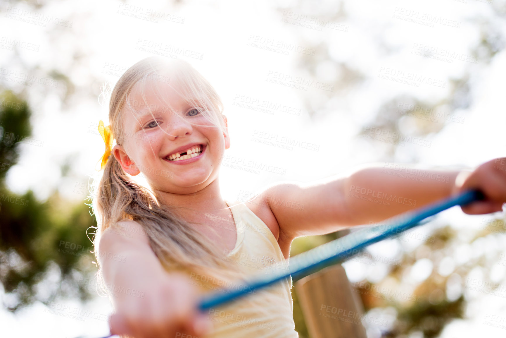 Buy stock photo Smile, portrait and fun with girl in park for adventure, summer vacation and growth. Happiness, kindergarten child development and playful with kid on playground outdoors for games, holiday or nature