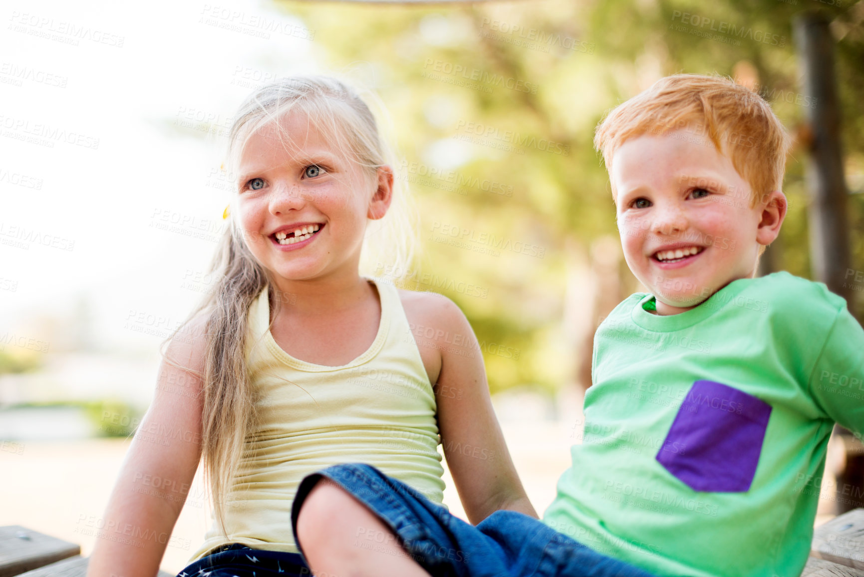 Buy stock photo Siblings, kids and outdoor park for playing together, explore nature and playground for growth. Smile, children and support with family bonding for happiness, childhood and fantasy adventure games