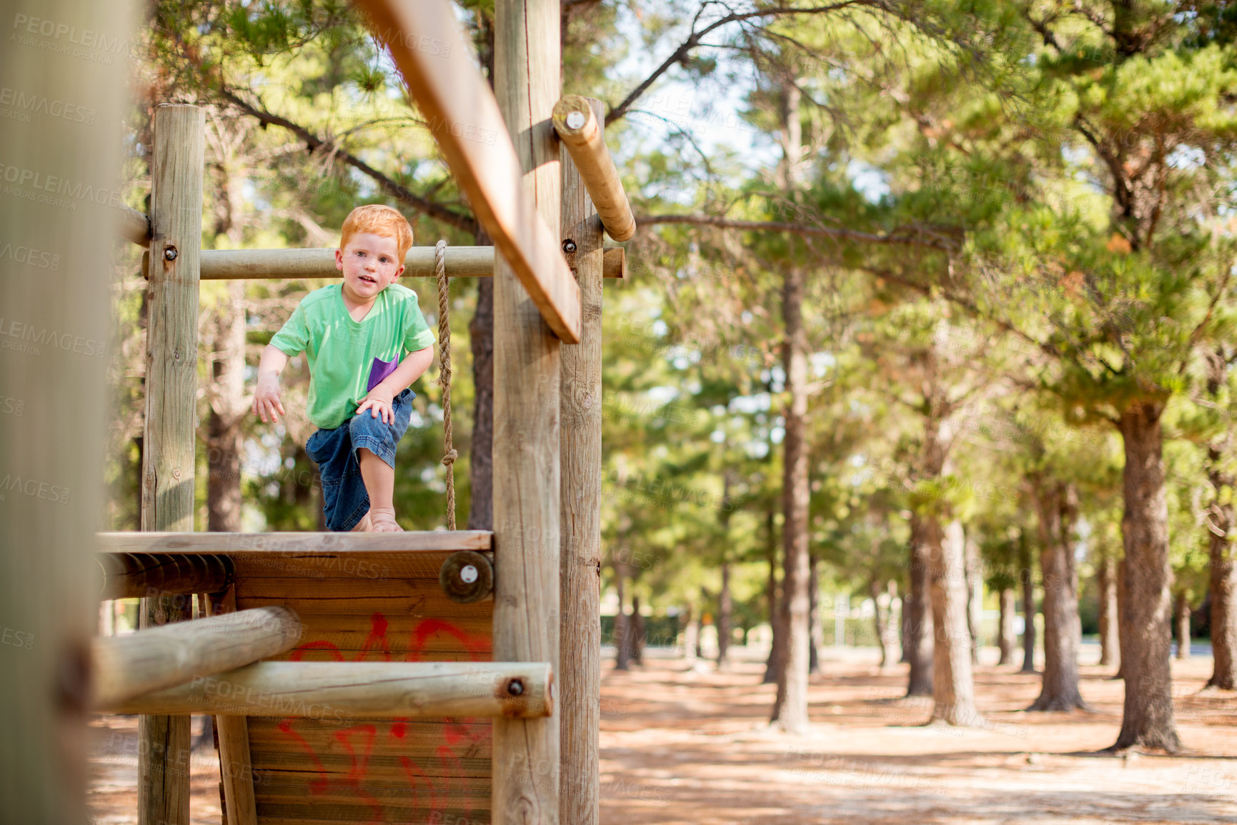 Buy stock photo Children, jungle gym and portrait with boy in forest for active play, development or growth. Adventure, balance and challenge with little kid having fun at playground for break or game in summer