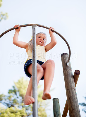 Buy stock photo Playground, portrait and girl with fun, activity and energy with break, games and happiness. Below, kid and jungle gym with summer holiday, carefree and motivation with child development and growth