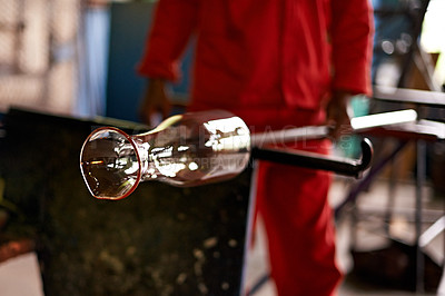 Buy stock photo Hands, worker and vase in glass factory for manufacturing, production process and industry. Glassware, craft and man with tools to shape for art, recycling and equipment with product in workshop
