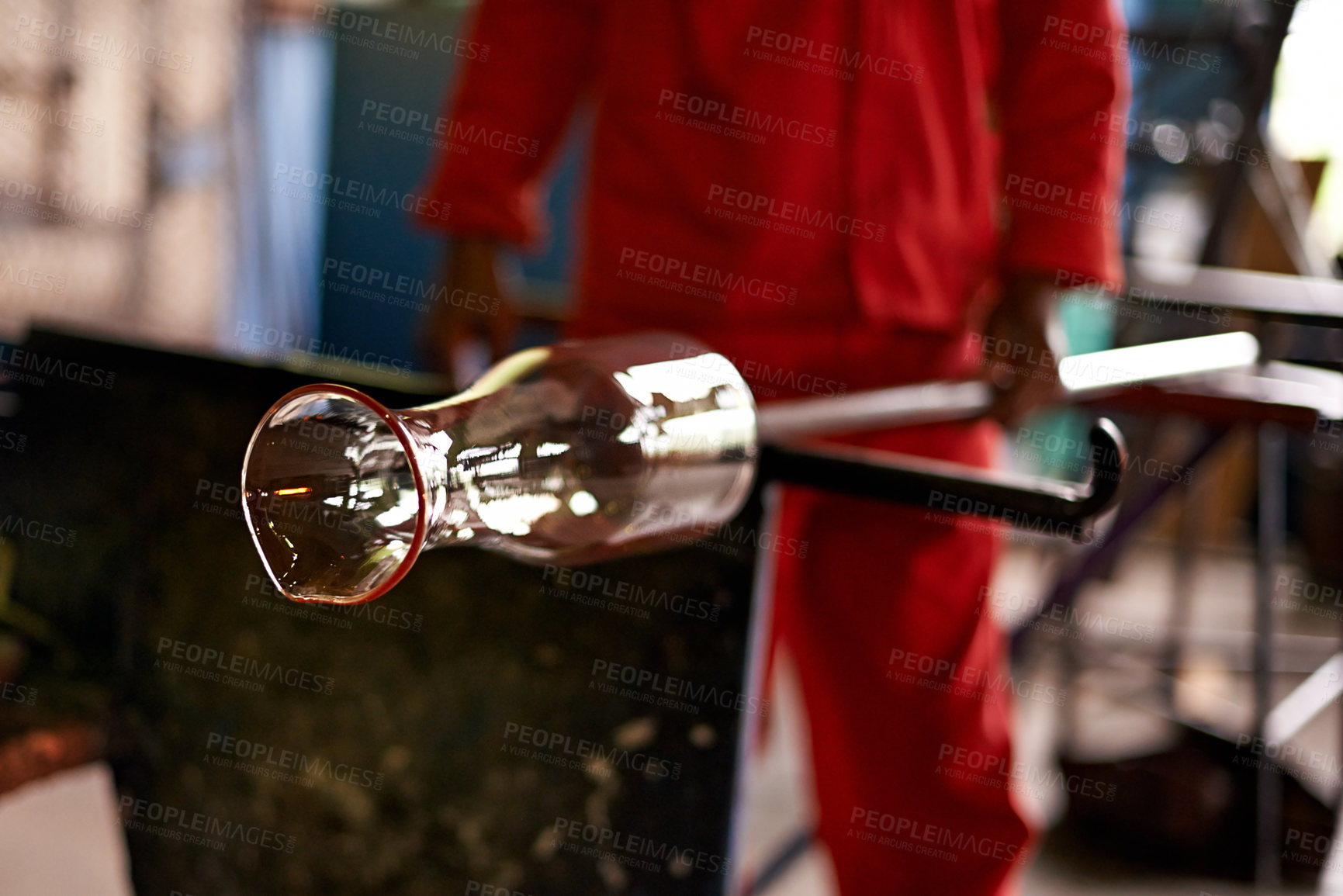 Buy stock photo Hands, worker and vase in glass factory for manufacturing, production process and industry. Glassware, craft and man with tools to shape for art, recycling and equipment with product in workshop