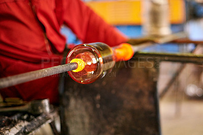 Buy stock photo Molten, glass and pipe with glassblower, craftsman and artist for creative handicraft and forming decoration. Factory, people and production with industry, equipment and process for fragile bauble