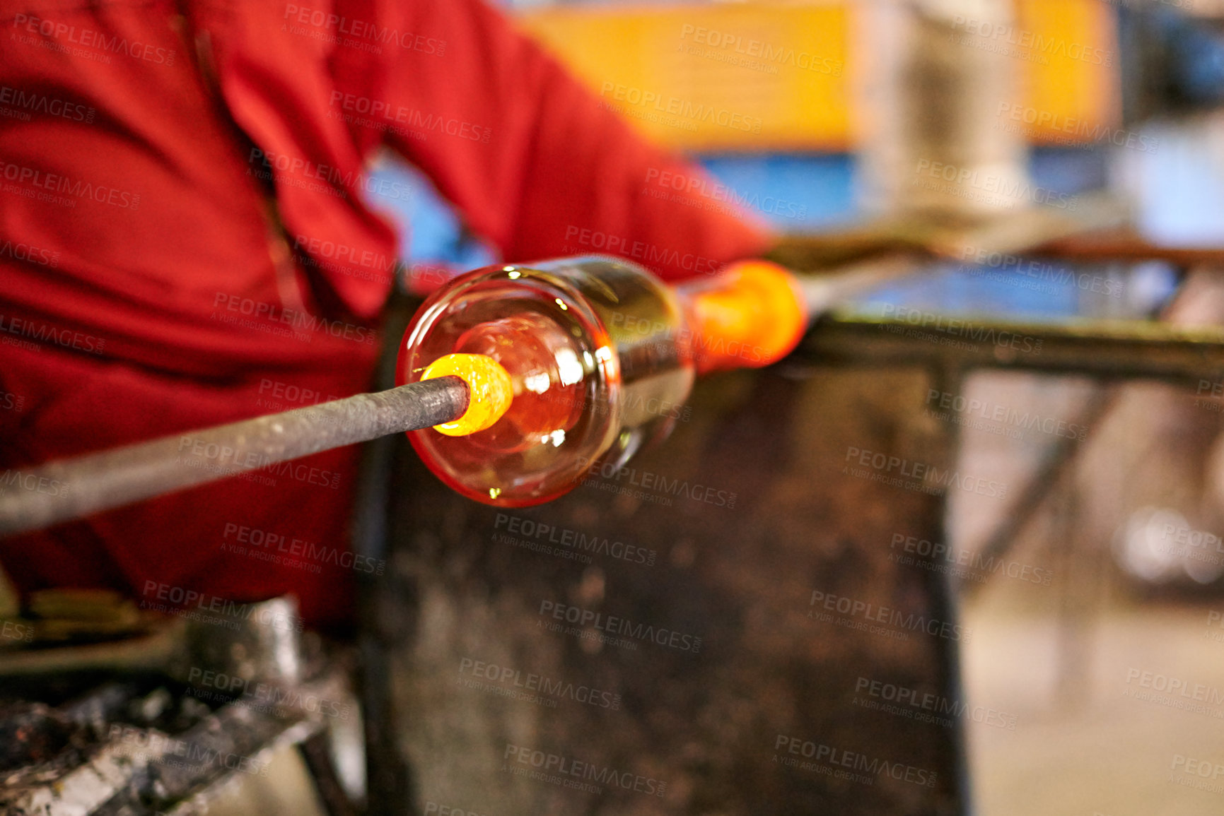 Buy stock photo Molten, glass and pipe with glassblower, craftsman and artist for creative handicraft and forming decoration. Factory, people and production with industry, equipment and process for fragile bauble