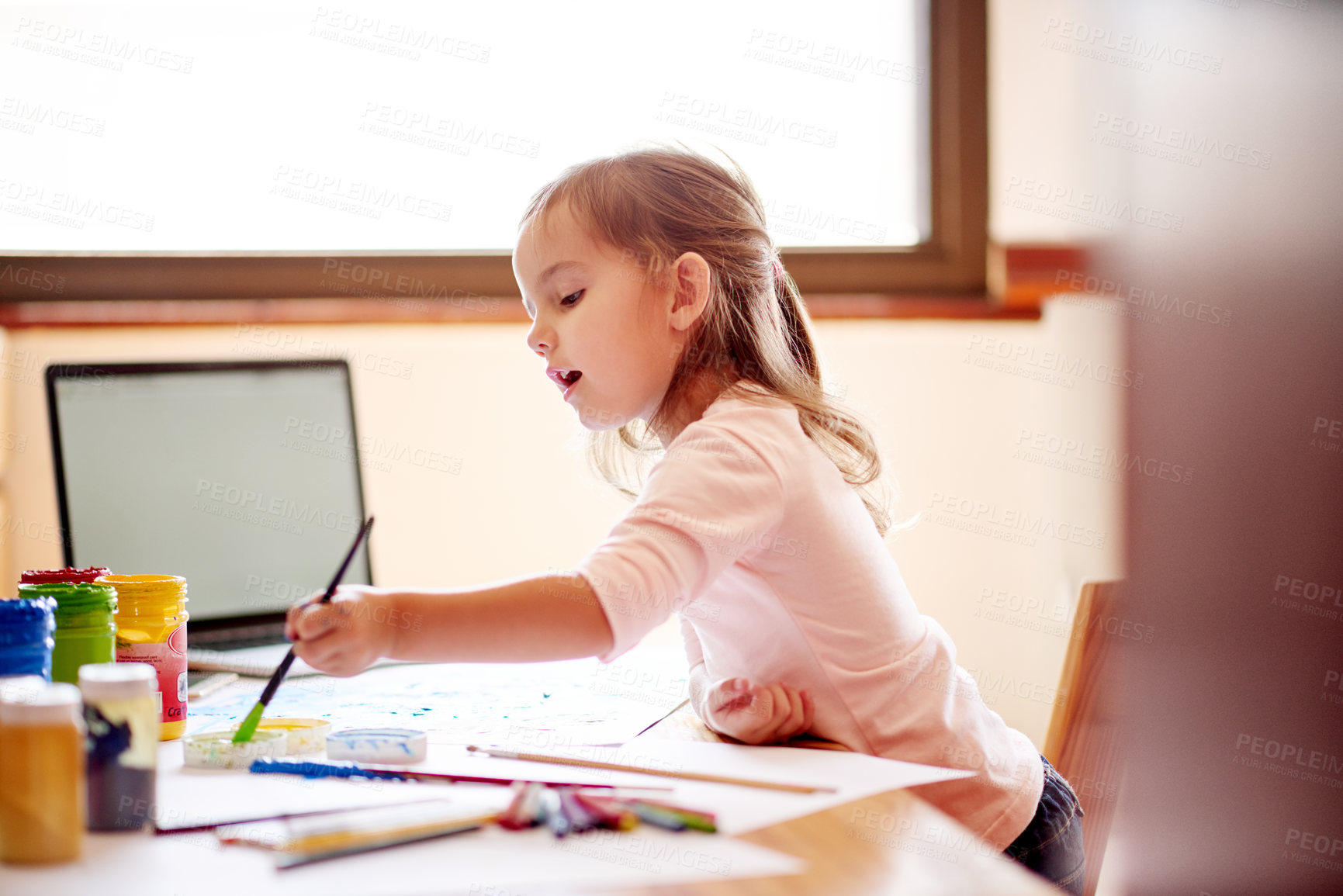Buy stock photo Painting, creative and learning with girl in house for child development, drawing talent and education. Art, kindergarten and sketch with kid and paintbrush in family home for future, youth and color