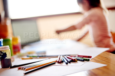 Buy stock photo Art, paper and pencils with child in bedroom of home for creative development or picture drawing. Desk, homework and stationery with student in apartment for academic growth or school learning