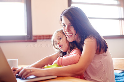 Buy stock photo Elearning, child and mom with laptop, bonding and streaming of educational video, growth and watching. House, woman and happy with daughter for knowledge, online or studying for cognitive development