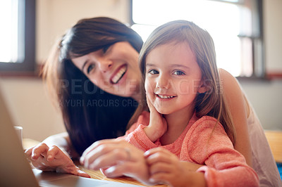 Buy stock photo Studying, child and mom with laptop, smile and streaming of educational video, growth and watching. House, woman and bonding with daughter for knowledge, kid and online for cognitive development