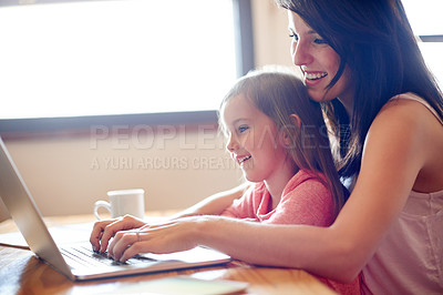 Buy stock photo Studying, child and mom with laptop, typing and streaming of educational video, growth and watching. House, woman and bonding with daughter for knowledge, kid and online for cognitive development