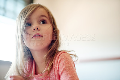 Buy stock photo Imagination, thinking and wonder with girl in classroom at school for child development or growth. Future, idea and vision with kid student in academic class for education, learning or knowledge