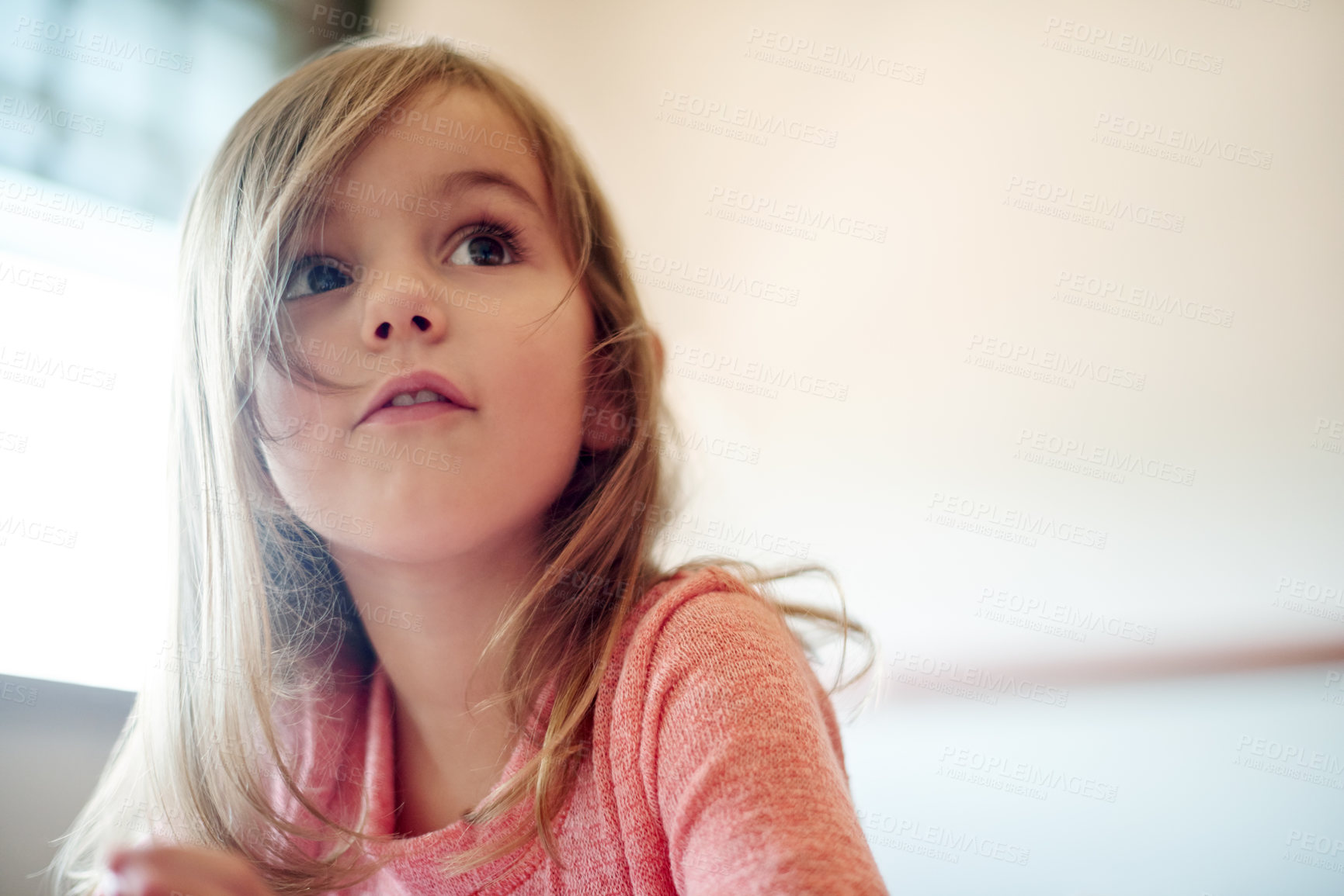 Buy stock photo Imagination, thinking and wonder with girl in classroom at school for child development or growth. Future, idea and vision with kid student in academic class for education, learning or knowledge