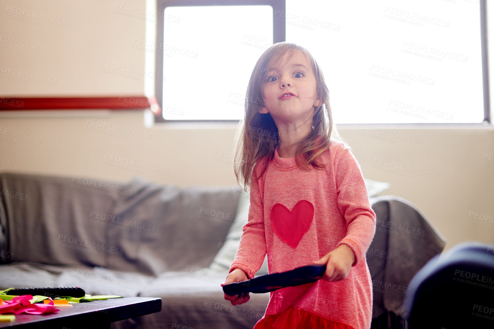Buy stock photo Portrait, child and play with tablet at house for streaming movie, downloading games and entertainment. Girl, kid and walking with digital for online learning, ebook translation and childhood growth