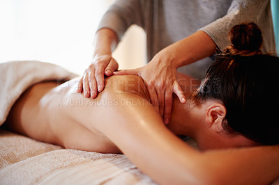 Buy stock photo Massage, back and masseuse for healing at spa, body treatment and holistic therapy with skincare. Woman, luxury resort and client pressure for beauty at salon, cosmetic service and smooth shoulder