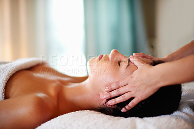 Buy stock photo Hands, woman and masseuse for facial therapy at spa, beauty treatment and holistic healing with skincare. Person, luxury resort and client pressure at salon, cosmetic service and smooth or soft skin