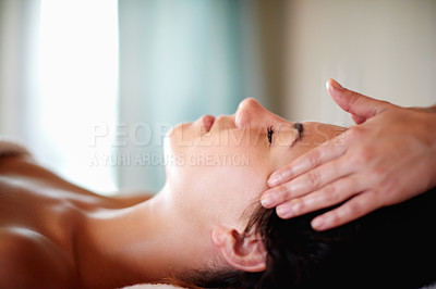 Buy stock photo Massage, beauty and face of woman at spa for skincare, facial and treatment at luxury resort. Salon aesthetic, dermatology and person with masseuse for wellness, cosmetics service and detox therapy