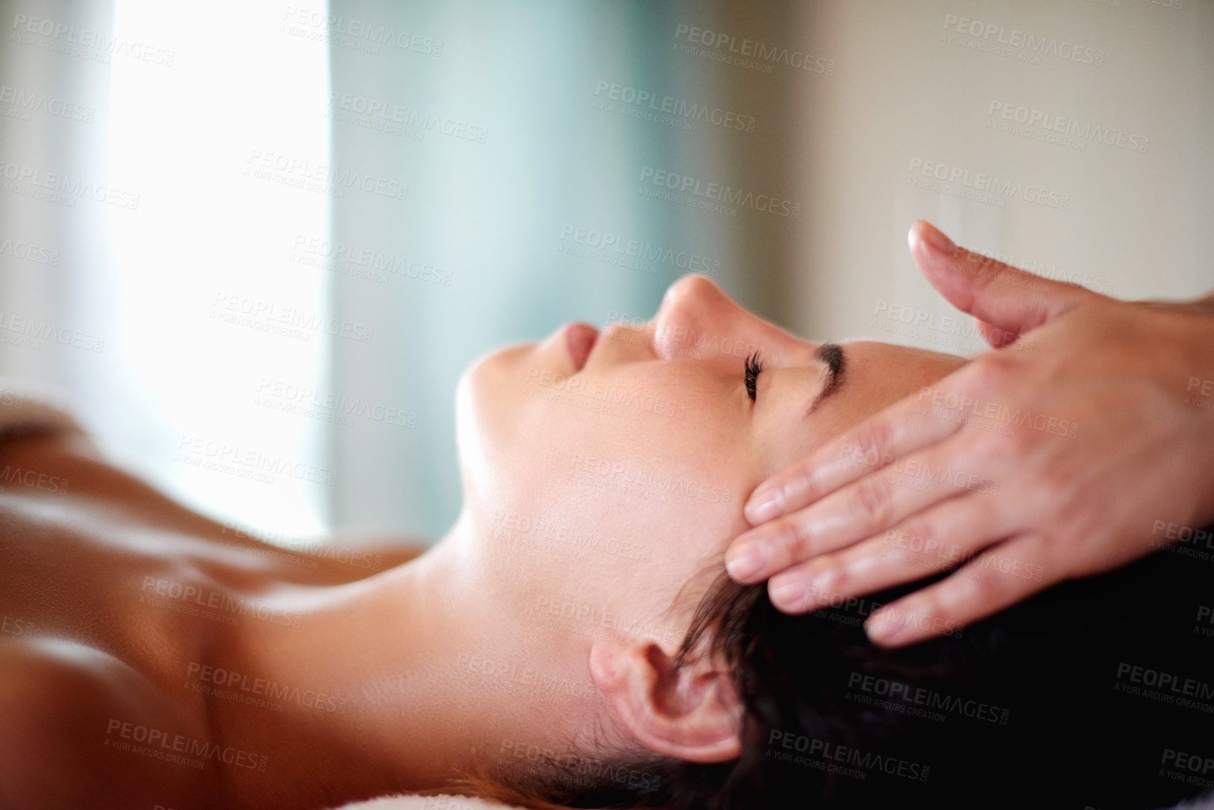 Buy stock photo Massage, beauty and face of woman at spa for skincare, facial and treatment at luxury resort. Salon aesthetic, dermatology and person with masseuse for wellness, cosmetics service and detox therapy