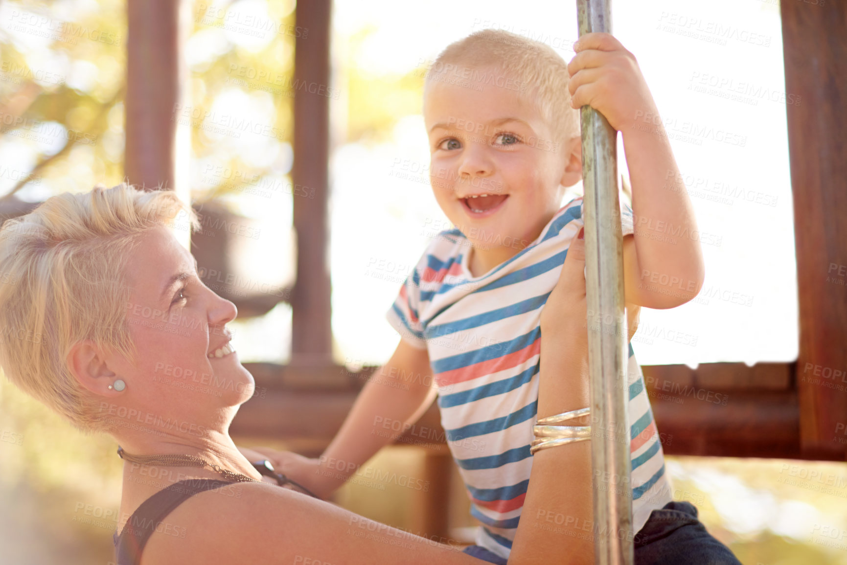 Buy stock photo Happy, playground and mom with child in park for playing, childhood and adventure outdoors. Nature, family and portrait of mother with boy for bonding, learning skills and development on jungle gym