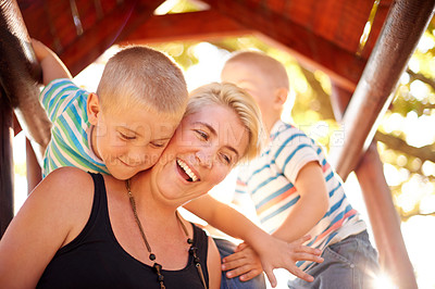Buy stock photo Happy, jungle gym and mom with children in park for playing, childhood and adventure outdoors. Nature, family and mother with young boy for bonding, learning skills and development on playground