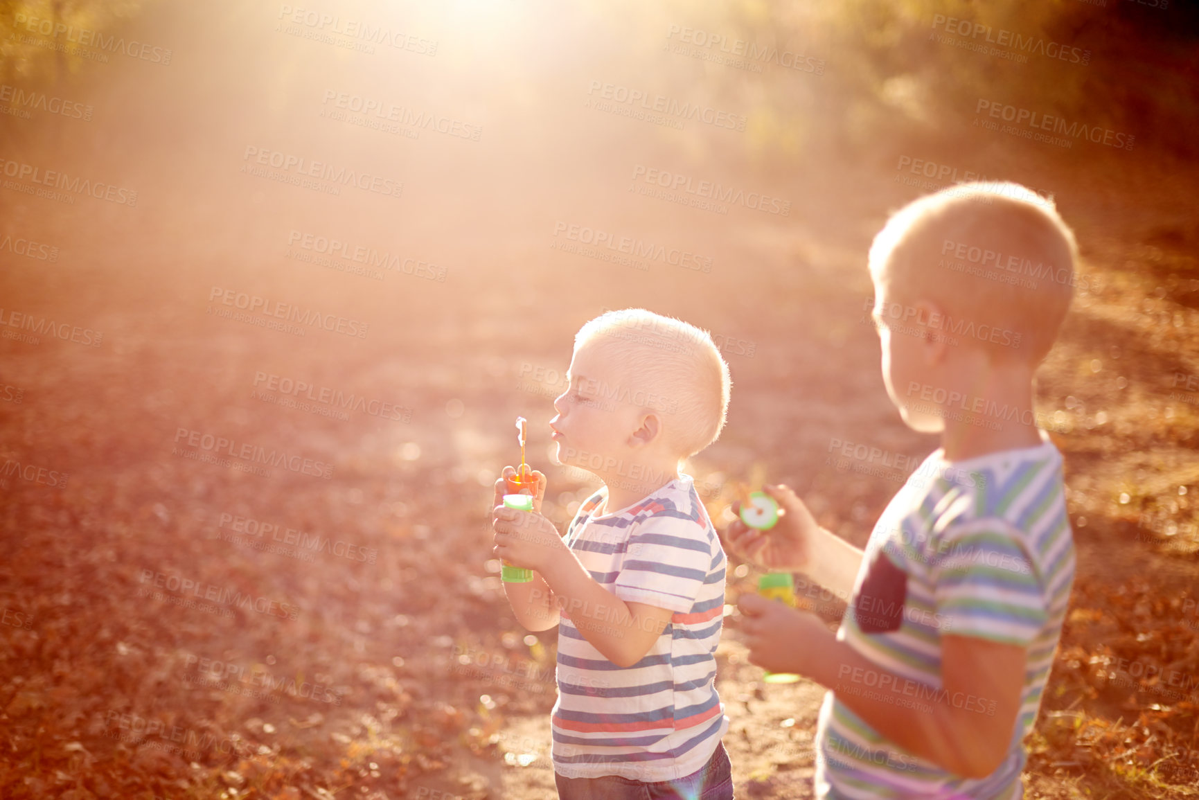 Buy stock photo Happy, blowing bubbles and children in park for fun, childhood and bonding together outdoors. Family, sunlight and young brothers with soap, toys and activity for playing, adventure or game in nature