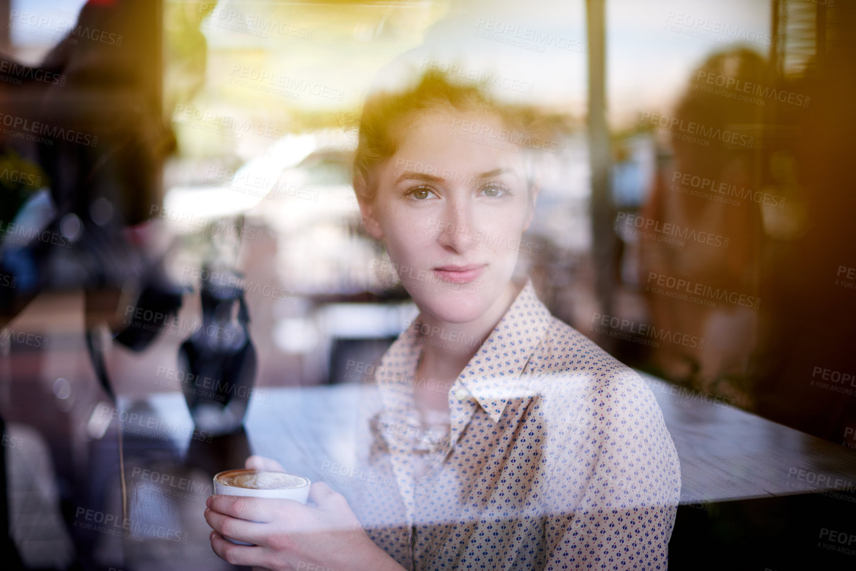Buy stock photo Portrait, window and woman with cup, calm and relax with drink in morning, reflection and consumer. Glass, customer and person with tea for breakfast, enjoy and warm beverage for break in coffee shop