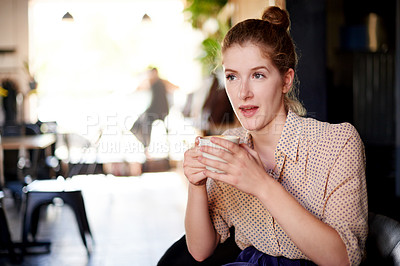 Buy stock photo Thinking, ideas and woman in coffee shop, smile and start day with espresso, choice and caffeine morning. Person, herbal tea or client in restaurant, latte or thoughtful with wonder, decision or calm