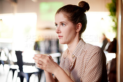 Buy stock photo Thinking, relax and woman in cafe, coffee and start day with espresso, decision and caffeine morning. Person, herbal tea and freelancer in restaurant, latte and thoughtful with choice and mindfulness