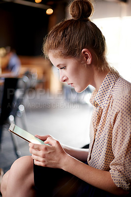 Buy stock photo Tablet, typing and woman in coffee shop with research for travel tips for digital nomad. Reading, content creation and female influencer with creative blog for online cafe review on technology.