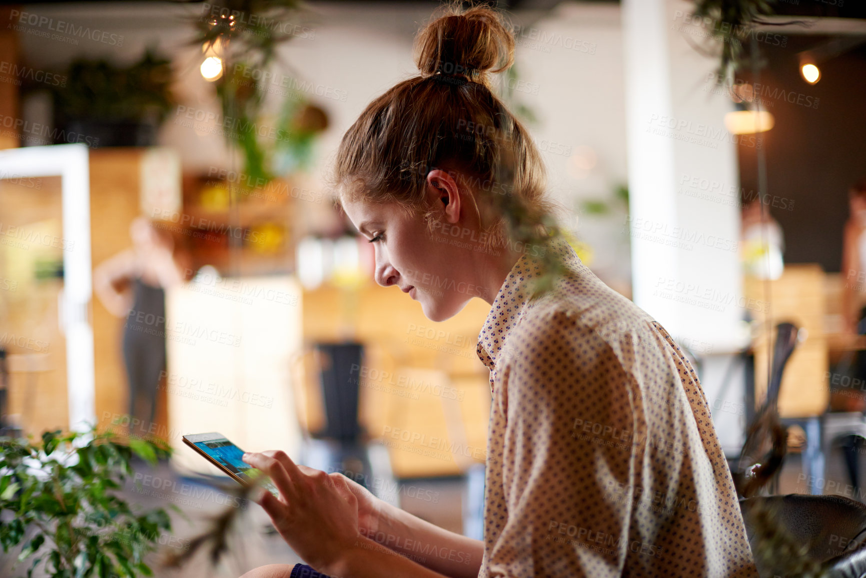 Buy stock photo Woman, relax and tablet in restaurant for reading, digital menu or platform for service review. Customer, tech screen or internet in cafe for ebook, social media or connectivity for travel networking