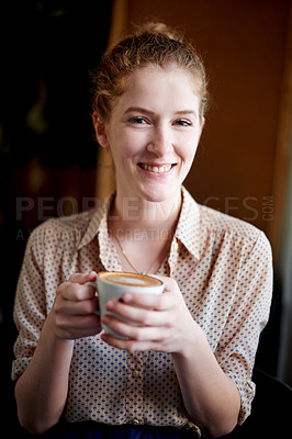 Buy stock photo Morning, smile and portrait of woman in coffee shop with drink, caffeine beverage and cappuccino. Cafeteria, restaurant and happy person with cup for latte, espresso and tea for breakfast service