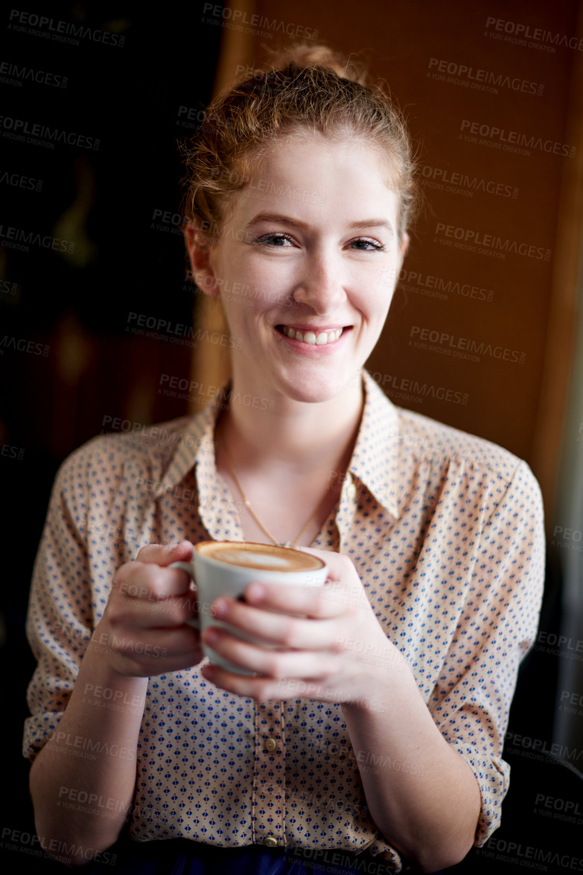 Buy stock photo Morning, smile and portrait of woman in coffee shop with drink, caffeine beverage and cappuccino. Cafeteria, restaurant and happy person with cup for latte, espresso and tea for breakfast service