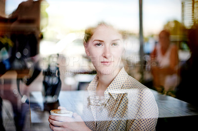 Buy stock photo Thinking, window and woman with coffee, cafe and relax with drink in morning, reflection and consumer. Glass, customer and person with tea for breakfast, enjoying and warm beverage for break in shop