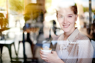 Buy stock photo Happy woman, portrait or customer with coffee at cafe by window for morning beverage, drink or relax at indoor restaurant. Female person, face or smile with mug for caffeine, cappuccino or latte