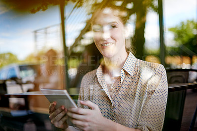 Buy stock photo Happy woman, portrait and customer with tablet at cafe for online menu, UI or UX at coffee shop. Female person, shopper or smile with technology by window for user friendly service at restaurant