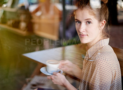 Buy stock photo Coffee, portrait and woman by cafe window for morning with creative digital nomad career. Happy, confident and face of female freelance copywriter drinking cappuccino with project at restaurant.