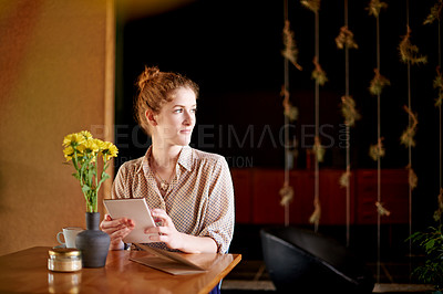 Buy stock photo Tablet, thinking and woman in restaurant with research for travel tips for digital nomad. Idea, content creation and female influencer with creative blog for online coffee shop review on technology.