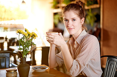 Buy stock photo Drink, happy and portrait of woman in coffee shop with caffeine, beverage and cappuccino in morning. Cafeteria, restaurant and person relax with cup for latte, espresso and tea for breakfast service