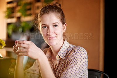 Buy stock photo Portrait, coffee shop and woman with drink happy for caffeine, beverage and cappuccino. Cafeteria, restaurant and person relax with cup for latte, espresso and tea for breakfast service in morning