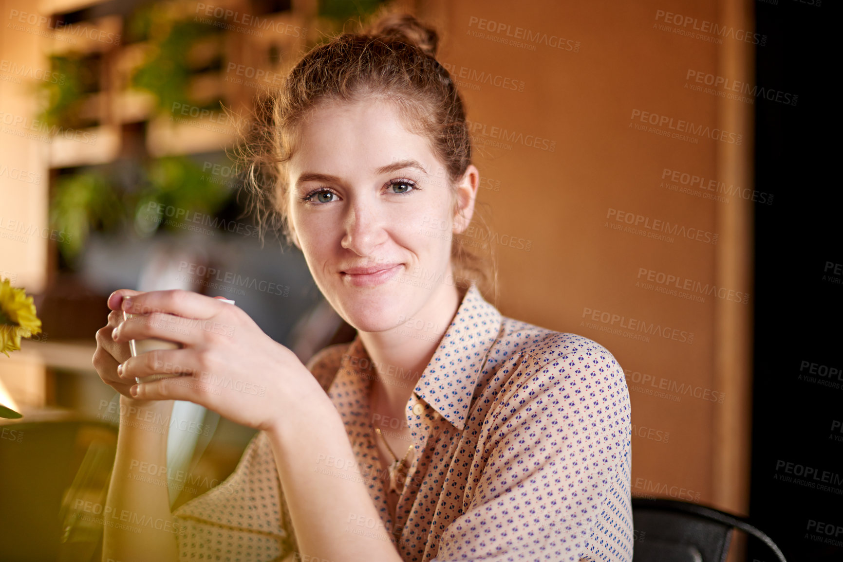 Buy stock photo Portrait, coffee shop and woman with drink happy for caffeine, beverage and cappuccino. Cafeteria, restaurant and person relax with cup for latte, espresso and tea for breakfast service in morning