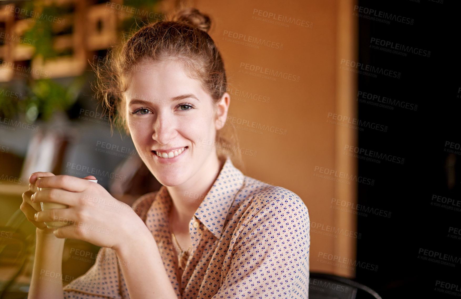 Buy stock photo Cafe, happy and portrait of woman in coffee shop with drink, caffeine beverage and cappuccino break. Morning, restaurant and person relax with cup for latte, espresso and tea for breakfast service