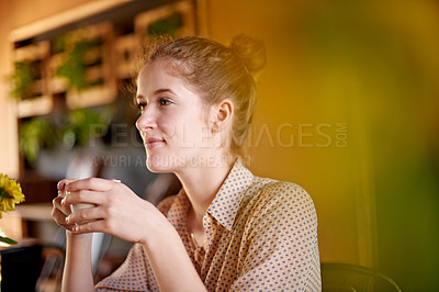 Buy stock photo Thinking, coffee and woman in cafe, relax and start day with espresso, solution and caffeine morning. Person, herbal tea and worker in restaurant, latte or thoughtful with wonder, daydreaming or calm