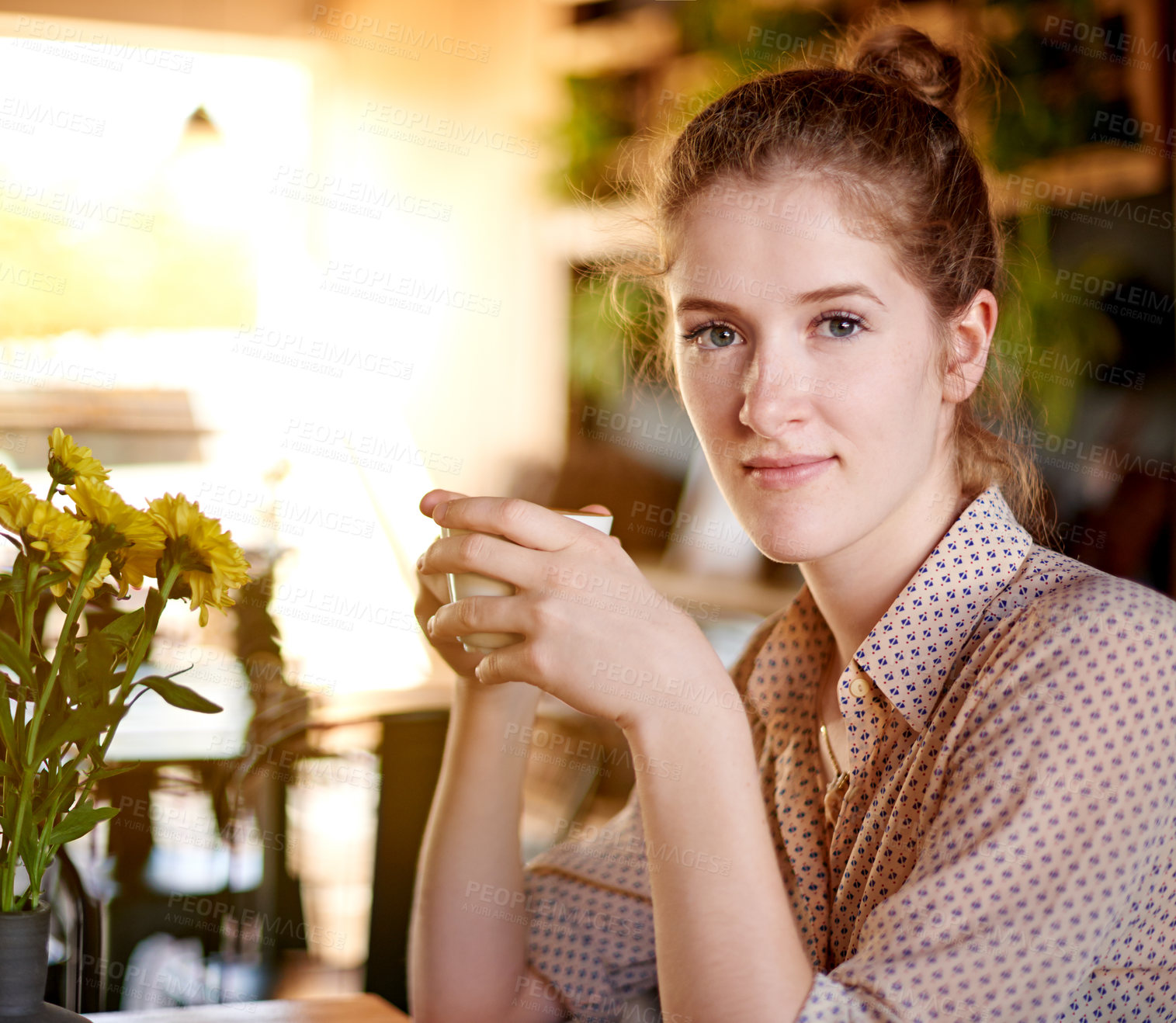 Buy stock photo Portrait, relax and woman in cafe, coffee and latte with comfort, hospitality and break. Face, person and client in restaurant, friendly service and herbal tea with morning, start day and espresso