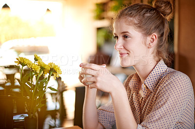 Buy stock photo Thinking, coffee and woman in cafe, happy and daydreaming with espresso, break and caffeine morning. Person, herbal tea and client in restaurant, latte and thoughtful with wonder, choice and calm