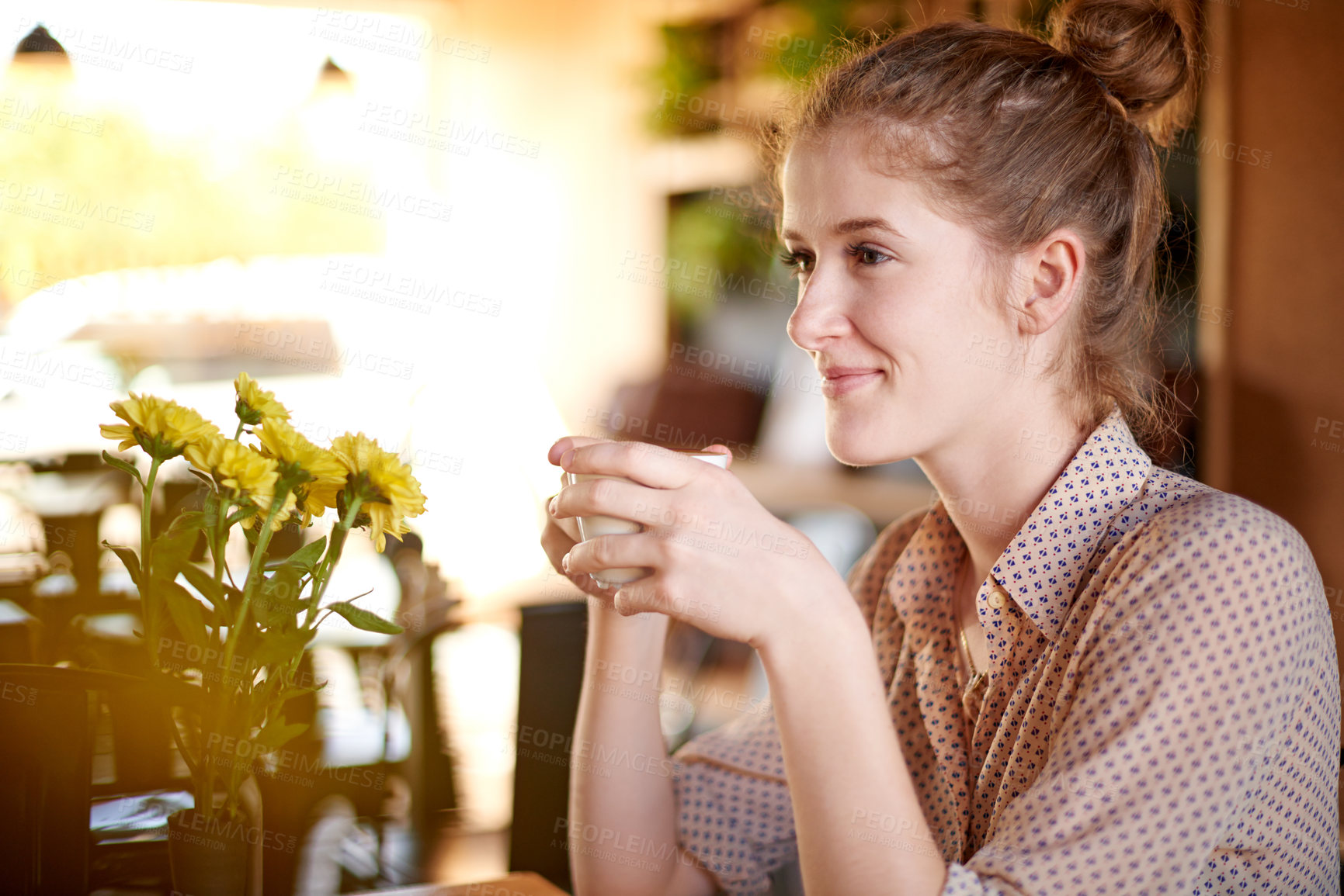 Buy stock photo Thinking, coffee and woman in cafe, happy and daydreaming with espresso, break and caffeine morning. Person, herbal tea and client in restaurant, latte and thoughtful with wonder, choice and calm