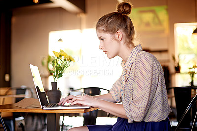 Buy stock photo Laptop, typing and woman in cafe with remote work, business ideas and social media management. Relax, drink and freelancer girl in coffee shop with content writer, online research or development