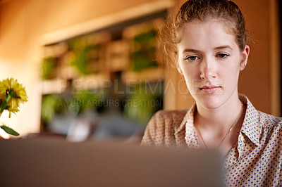 Buy stock photo Student, laptop and woman in coffee shop, reading email and working on assignment. Cafe, college and girl on computer for online education, elearning and studying to research for project on internet