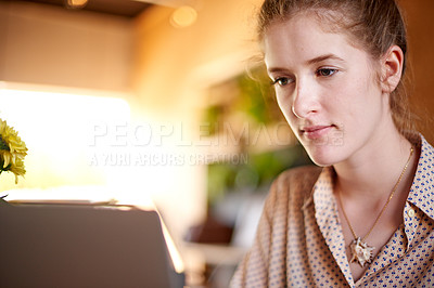 Buy stock photo Laptop, thinking and woman in cafe with business ideas, remote work and social media management. Typing, editing and freelancer girl in coffee shop with content writer, online research or development