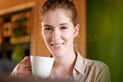 Buy stock photo Coffee, portrait and smile of woman in cafe, drinking beverage for hospitality or service. Break, relax and wellness with happy customer in startup restaurant for planning or research on laptop