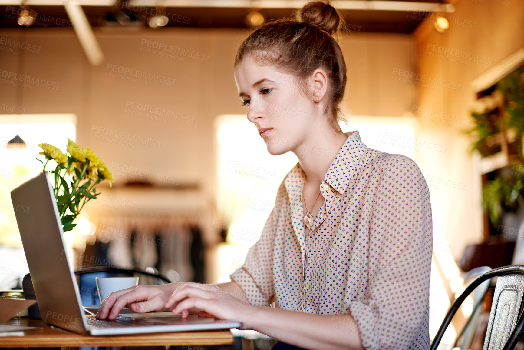 Buy stock photo Laptop, editing and woman in cafe with remote work, business ideas and social media management. Typing, planning and freelancer girl in coffee shop with content writer, online research or development